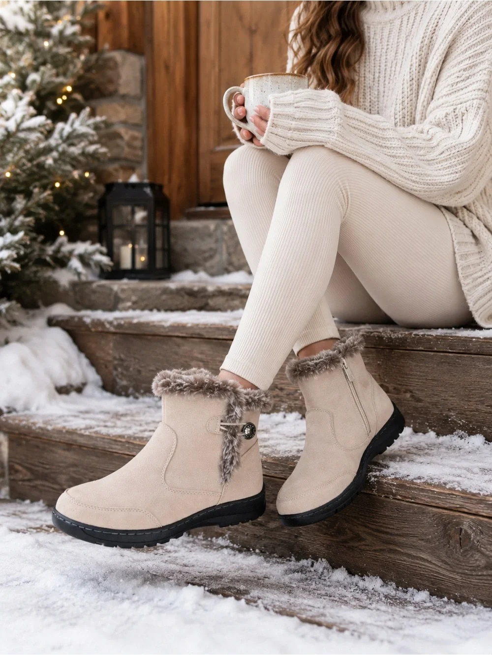 Khombu Iris Winter Snow Boots Womens 9 Cream Faux Fur Waterproof Ankle NWT - Picture 1 of 8